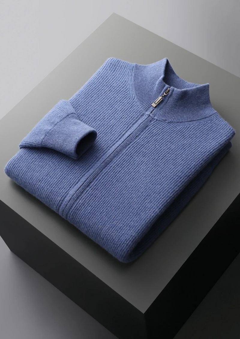 PURE EXTRA-FINE MERINO WOOL RIBBED ZIP CARDIGAN