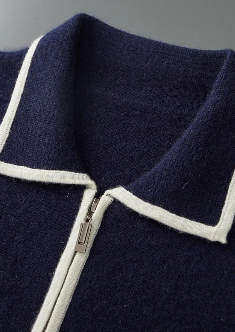 PURE EXTRA-FINE MERINO WOOL TWO-TONE POLO CARDIGAN