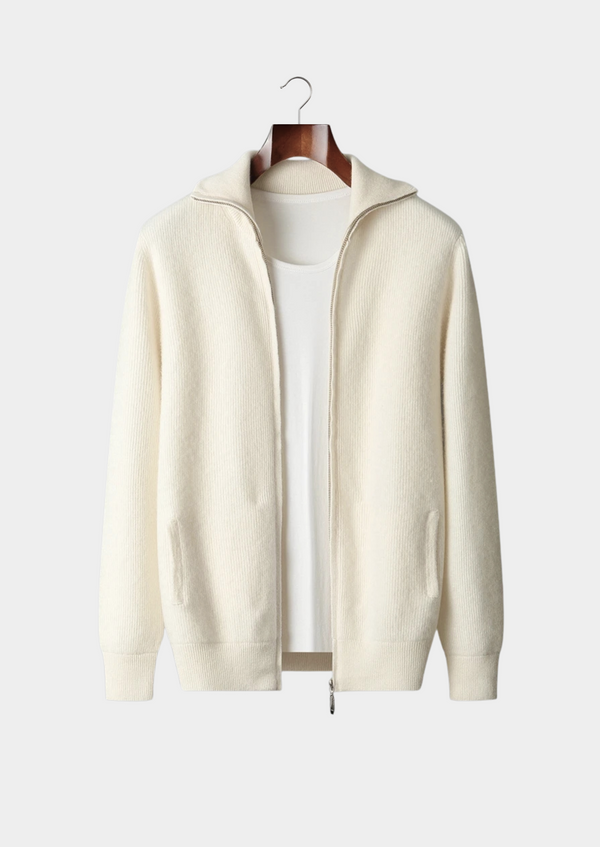 PURE EXTRA-FINE MERINO WOOL RIBBED ZIPPER CARDIGAN