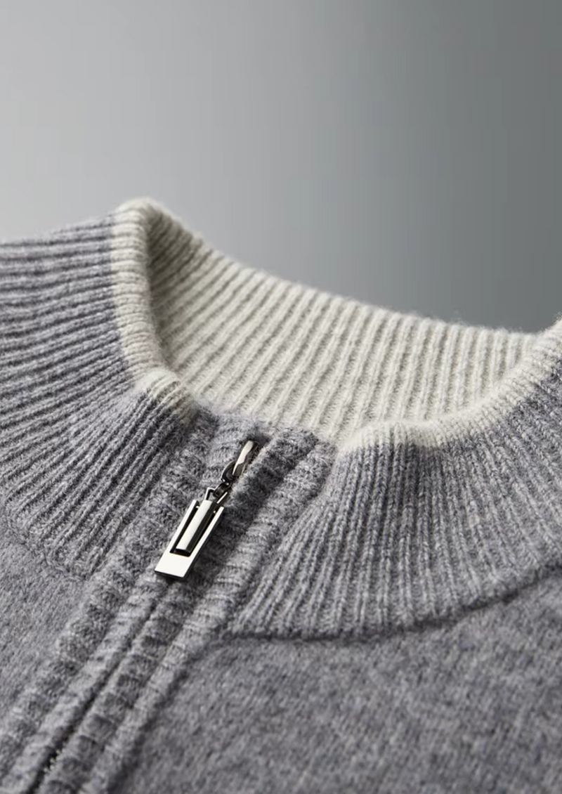 PURE EXTRA-FINE MERINO WOOL TWO-TONE ZIP CARDIGAN