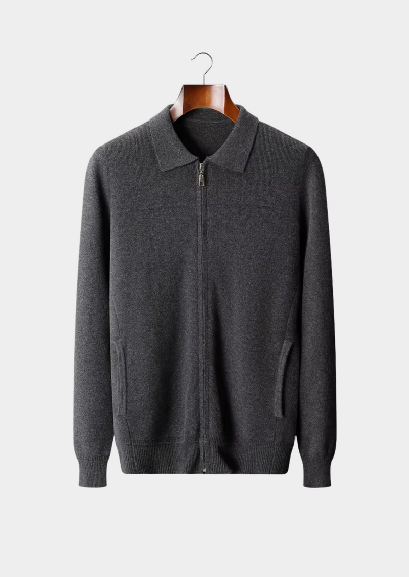 PURE EXTRA-FINE MERINO WOOL RIBBED POLO CARDIGAN