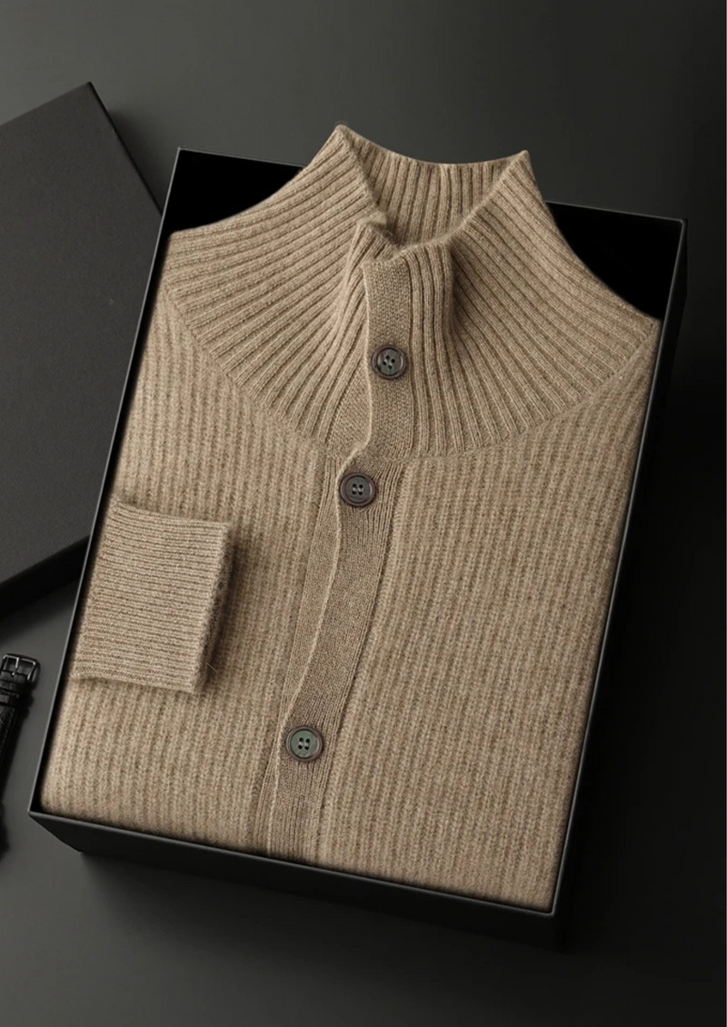 PREMIUM CASHMERE RIBBED HIGH COLLAR CARDIGAN