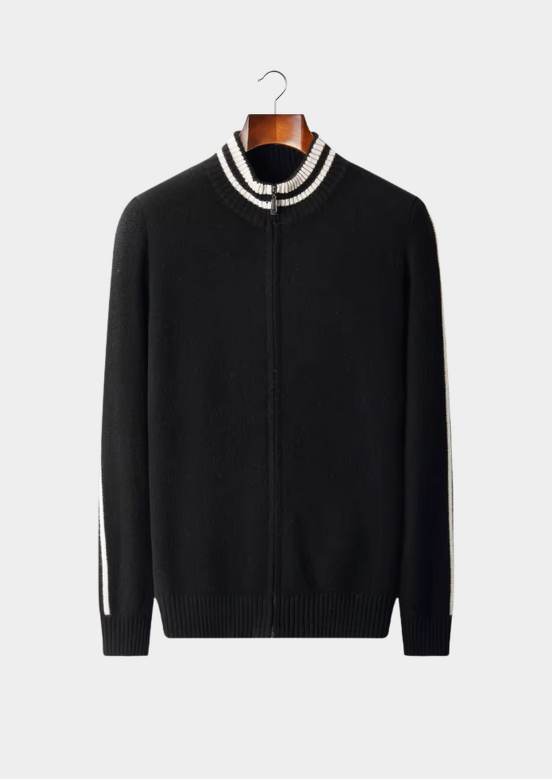 PURE EXTRA-FINE MERINO WOOL TWO TONE ZIP CARDIGAN