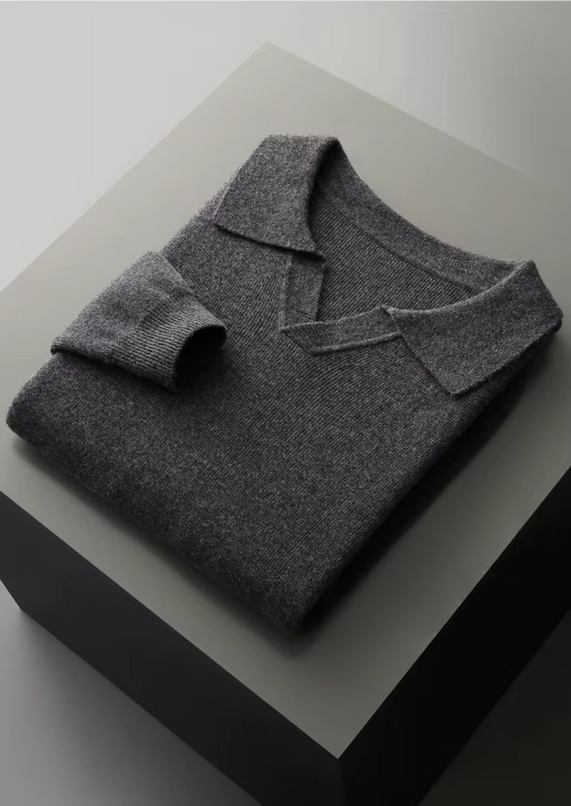 PURE EXTRA-FINE MERINO WOOL RIBBED BUTTONLESS POLO