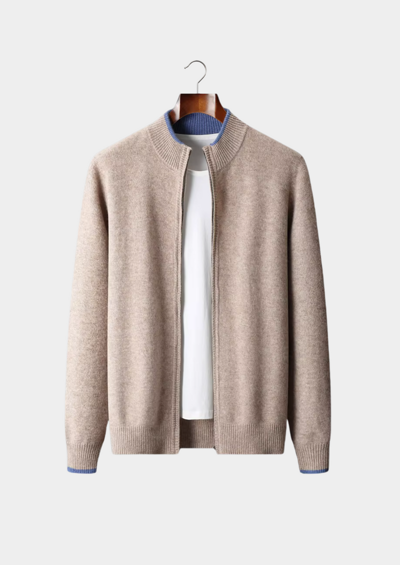 PURE EXTRA-FINE MERINO WOOL TWO-TONE ZIP CARDIGAN