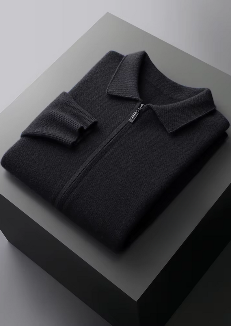 PURE EXTRA-FINE MERINO WOOL ZIP POLO CARDIGAN