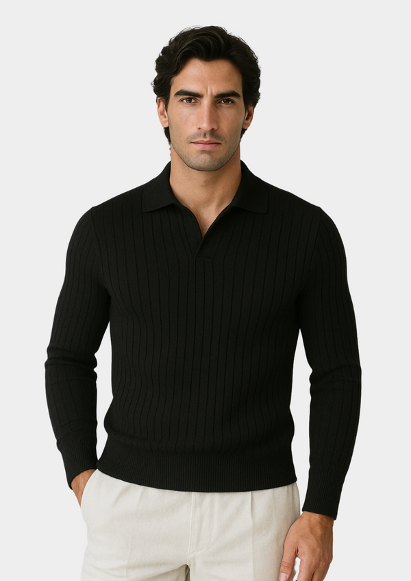 BLACK BUTTONLESS RIBBED POLO
