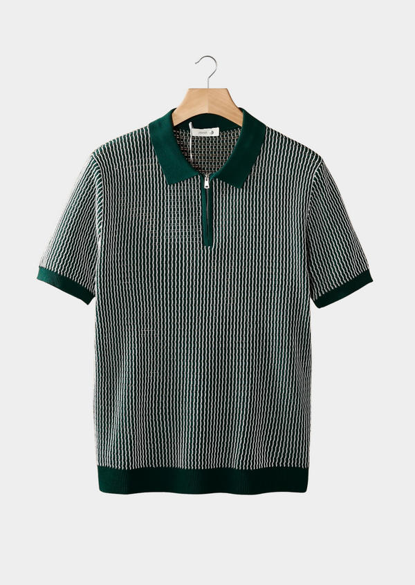 GREEN GEOMETRIC TEXTURED ZIPPER POLO