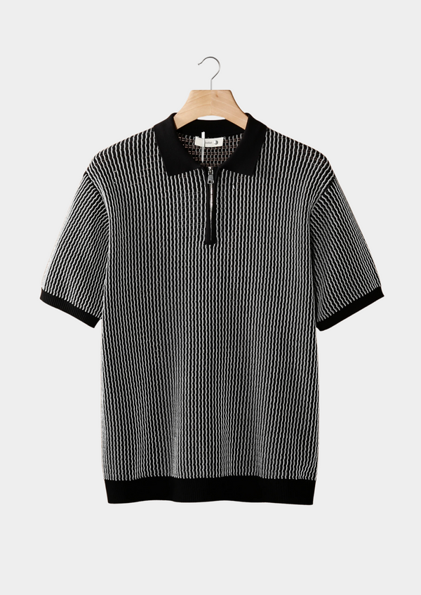 BLACK GEOMETRIC TEXTURED ZIPPER POLO