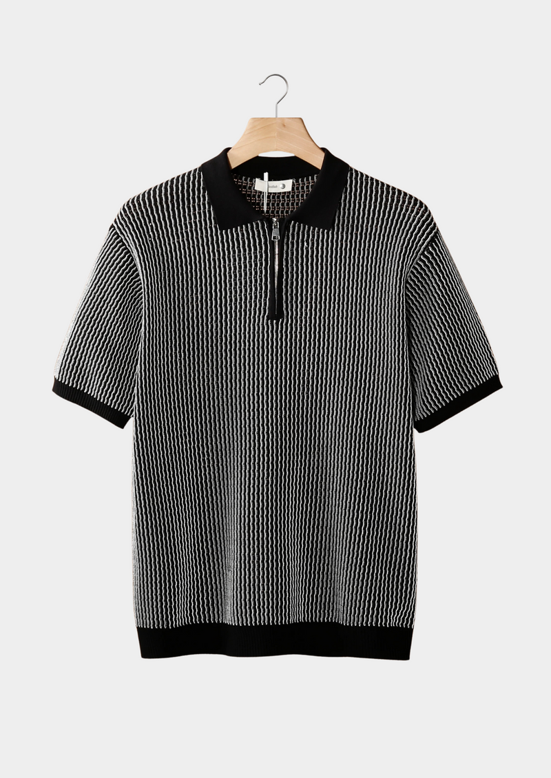 BLACK GEOMETRIC TEXTURED ZIPPER POLO