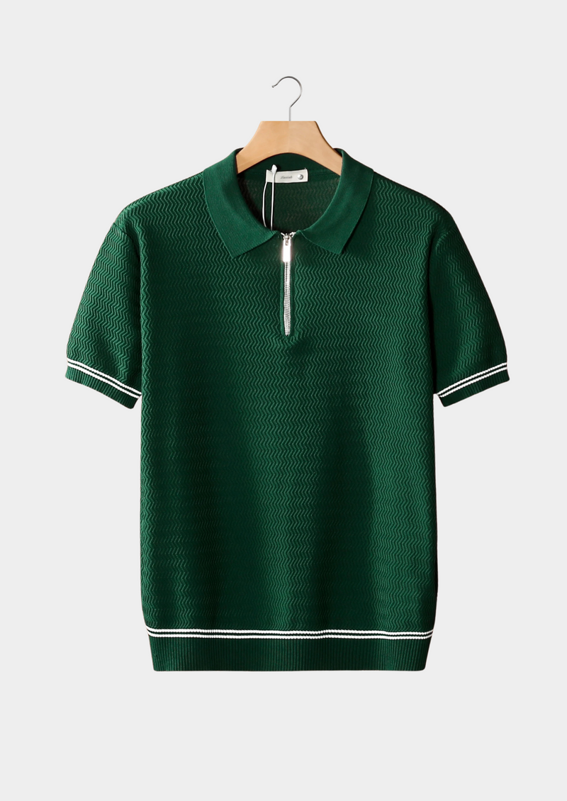GREEN ZIGZAG TEXTURED ZIPPER POLO
