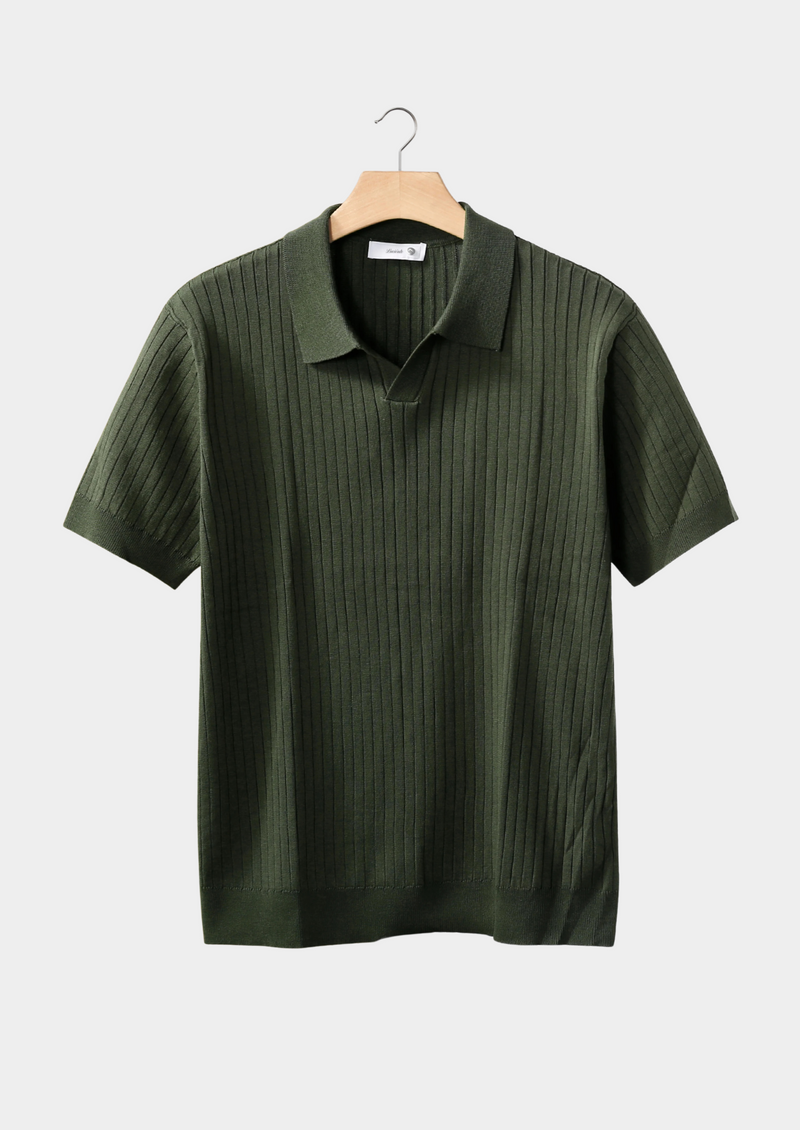 OLIVE RIBBED BUTTONLESS POLO
