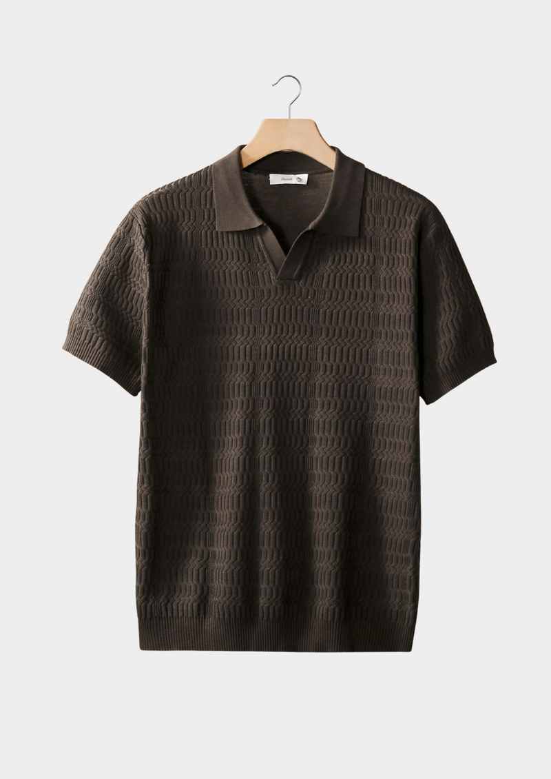 COFFEE PATTERNED KNIT BUTTONLESS POLO