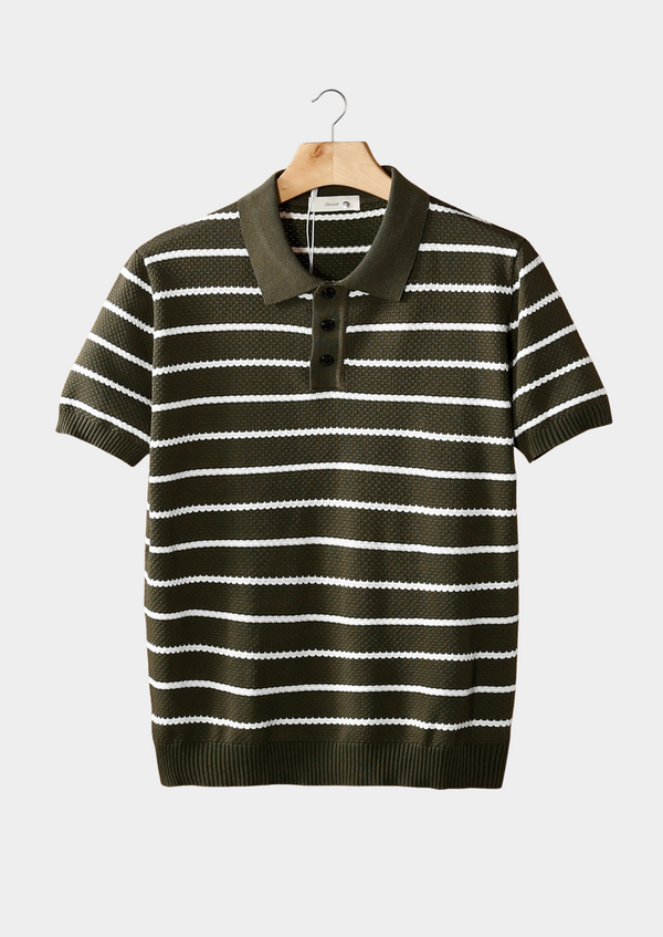 OLIVE STRIPED TEXTURED BUTTON POLO