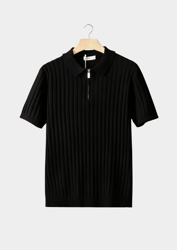 BLACK RIBBED ZIPPER POLO