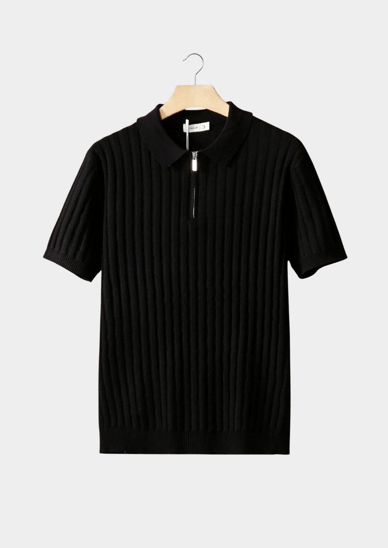 BLACK RIBBED ZIPPER POLO