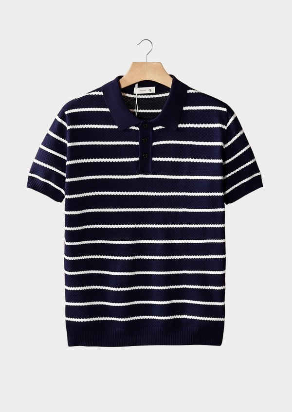 NAVY STRIPED TEXTURED BUTTON POLO