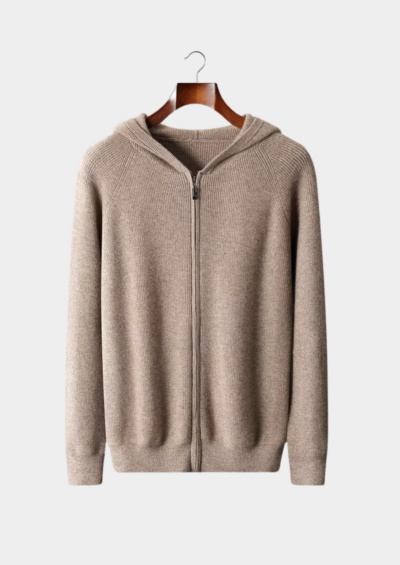 PURE EXTRA-FINE MERINO WOOL RIBBED ZIP HOODIE